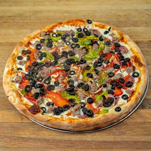 Salami, Sausage, Bell Peppers/Onions and Olives Pizza