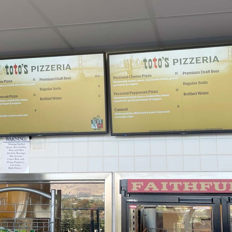 menu boards at Toto's Pizzeria concessions stand 315 at Levi's Stadium in San Jose, California