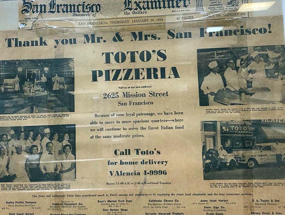 San Francisco Examiner article from January 28, 1954 about Toto's Pizzeria